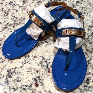 Coach T Strap Caterine Blue & Gold Logo Coach Sandals Size 8.5 B